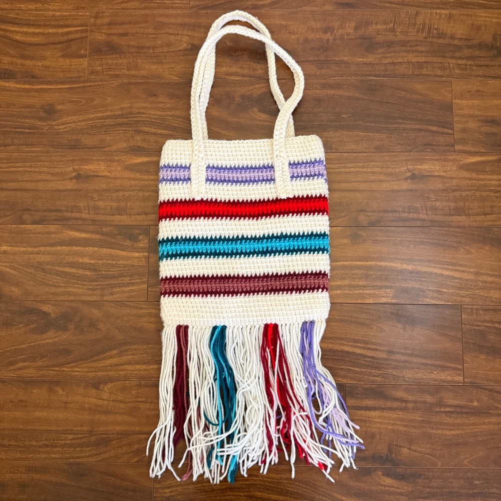 Handmade Crochet Striped Tote Bag With Fringe‎ White Red Blue Purple Boho Hippie